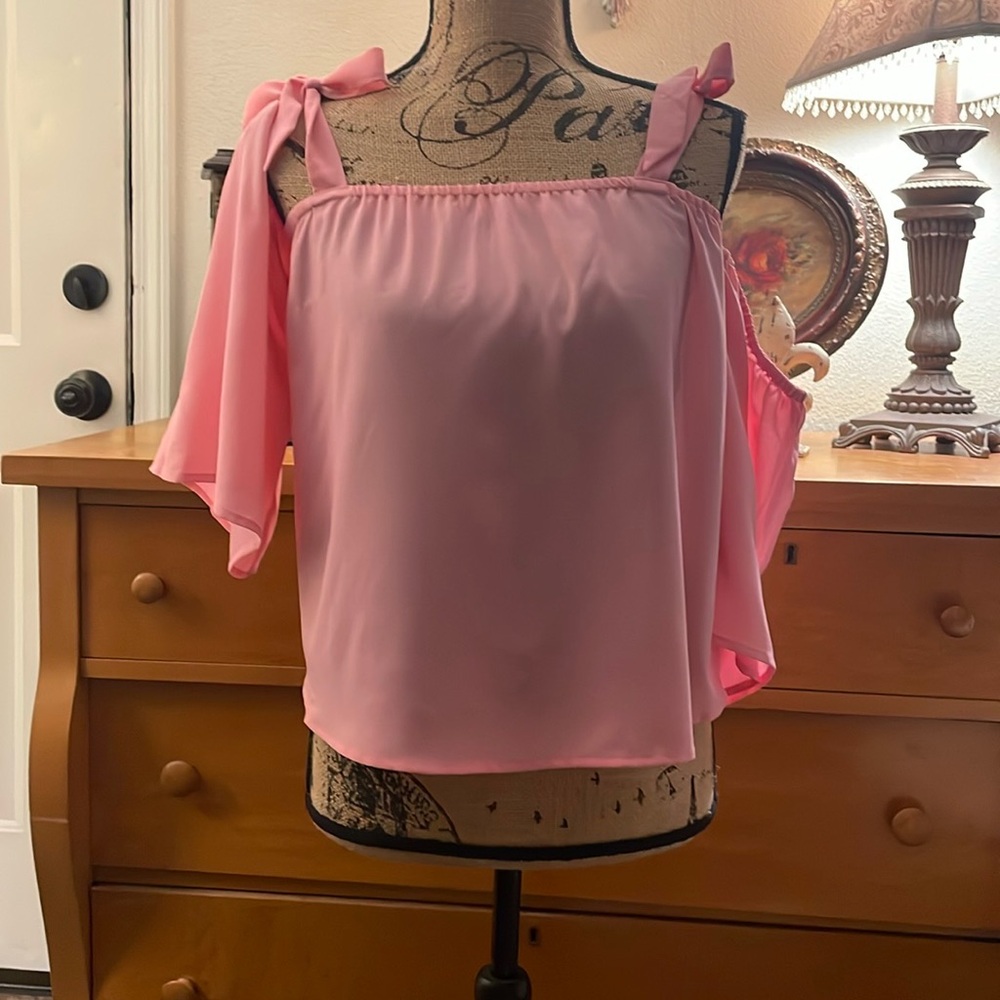 Bebe Pink Asymmetrical Tie Front Blouse